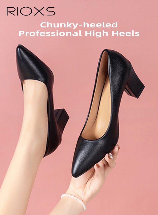 RIOXS Women's Professional Block Heel Pumps, Classic and Elegant Pointed Toe Slip-On Solid Office Shoes, Comfortable Chunky Heel Casual for Office, Business Meetings, Conferences, or Formal Work Environment, Black - Image 3